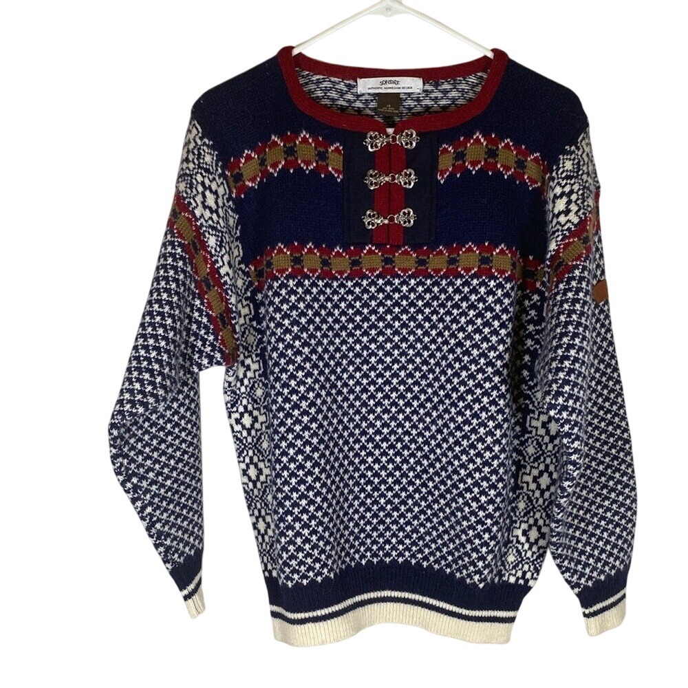 Sondre Nordic Wool Fair Isle Sweater Mens Size Metal Clasp Closure size XS